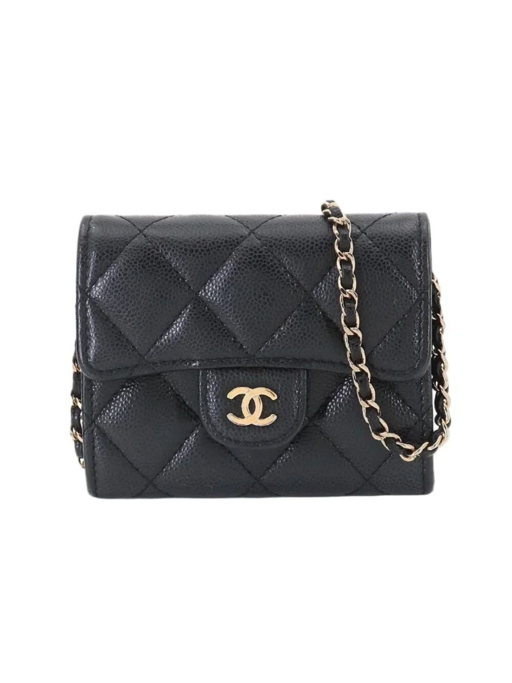 Chanel Quilted Chain Coin Purse Caviar Leather Black Gold